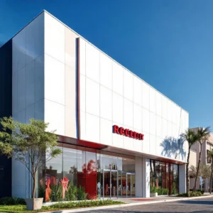 Gambar menunjukkan contoh fasad ruko yang dibuat dari material ACP yang tampak modern dan elegan