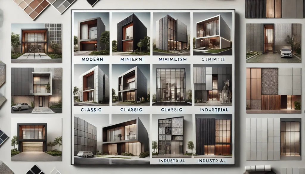Kumpulan contoh desain fasad ACP dengan berbagai gaya - modern, minimalis, klasik, industrial - yang dipamerkan pada papan mood board