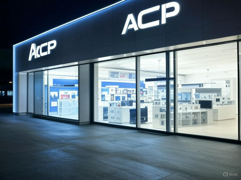 Toko elektronik dengan fasad ACP yang terlihat futuristik dan bersih